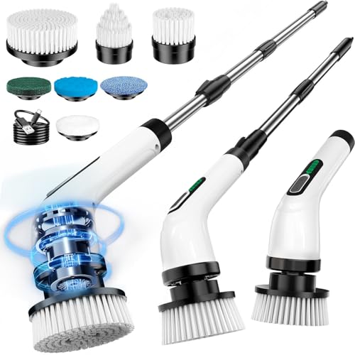 FYDEE Cepillo Electrico Limpieza Hogar, Cepillo Limpieza Hogar con 7 Cabezales Reemplazables y Impermeable IPX7, Fregadora Giratoria Eléctrica, Cepillo para Limpieza del Hogar, Baño, Suelos, Azulejos