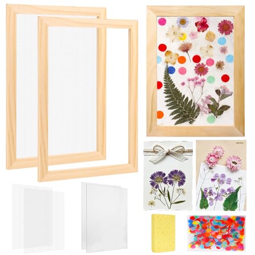 Aboofx Paper Making Kit A4 Size Paper Making Screen Frame Kit Wooden Mold and Deckle with Mesh Absorbent Papers Sponge and Confetti DIY Handmade Papermaking Supplies Gift for Craft Lovers
