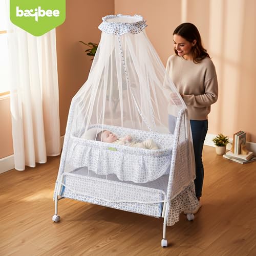 Image of BAYBEE Cradle for New Born Baby with Mosquito Net, Portable Jhula Palna, Foldable Crib, Infant Uyyala with Storage Basket, 360 Locking Wheels (Blue)