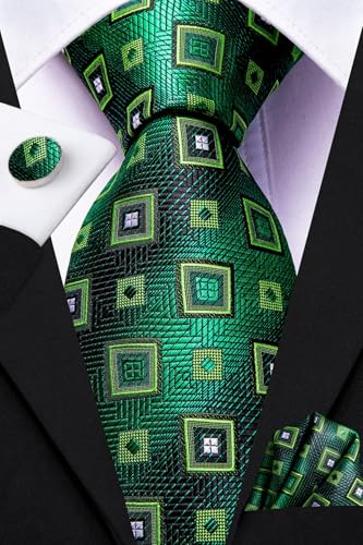 Image of Dubulle Mens Green Checks Floral Silk Tie for Men Striped Necktie and Pocket Square Cufflinks Set Wedding Business