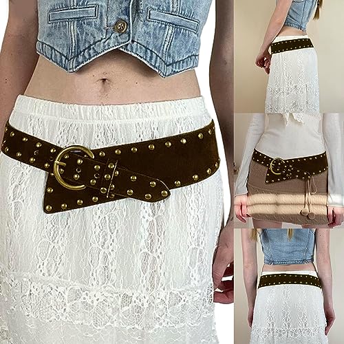 Women Vintage Leathercraft Waist Belt Punk Waist Belt Elastic Bands With Studded Rivets Brown Basic Belt2
