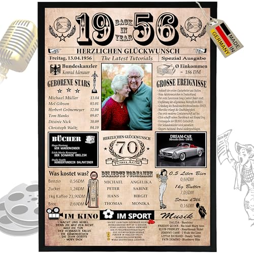 DUOMIO 1956-6 Felder PERSONALISIERBAR! zum 70. Geburtstag Mann & 70. Geburtstag Frau - Ausdruck auf 400g/m² Premium Papier - Geschenke zum 70. Geburtstag & Deko - Back in Year