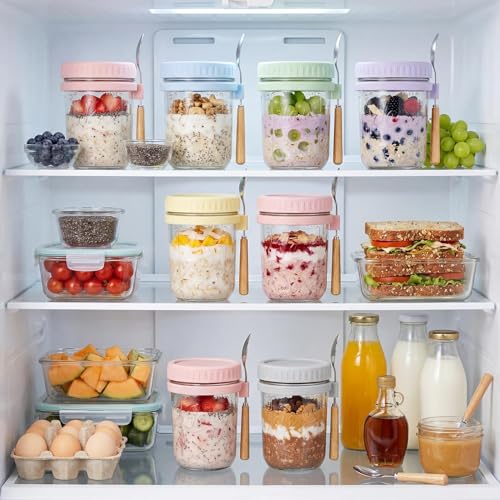 Image of 16oz Glass Overnight Oats Containers with Lids & Spoons, 4 Pack MultiColor | Wide Mouth Glass Jars with Airtight Lids, Perfect for Chia Pudding, Yogurt, Salad & Cereal Meal Prep Storage, Food Safe