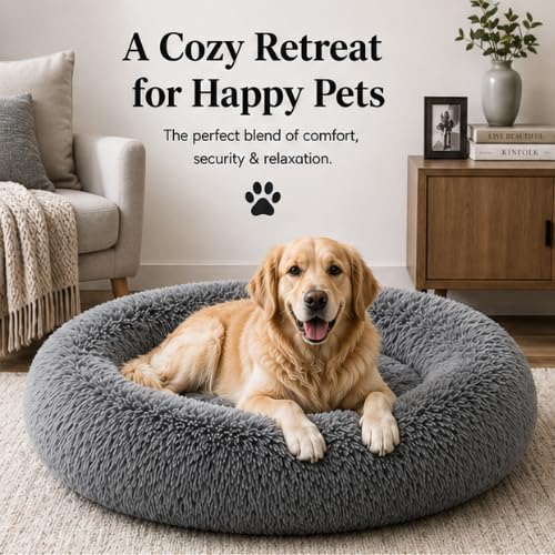 Image of Luxury Plush Dog Bed Small Size for Dogs & Cats, Ultra Soft Calming Donut Pet Bed with Raised Rim and Anti-Slip Base, (Grey)
