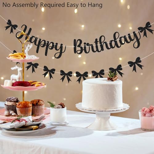 Image of Black Bow Birthday Decorations Happy Birthday Banner Black Bow Bunting Garland Glitter Photo Props Satin Ribbon Hanging Swirls Party Decor for Boys Girls Bachelorette Themed Party Supplies