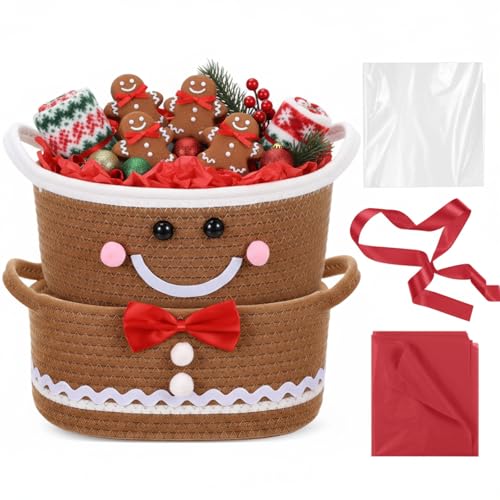 Zopeal 2 Pcs Christmas Woven Basket with Gift Bag, Ribbon