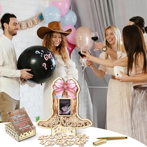Image of Wenqik 63 Pcs Boots or Bows Gender Reveal Baby Shower Guest Book Alternatives Set Baby Shower Decorations with Photo Frame Sonogram Frame Keepsake 60 Wood Slices Guest Book for Birthday