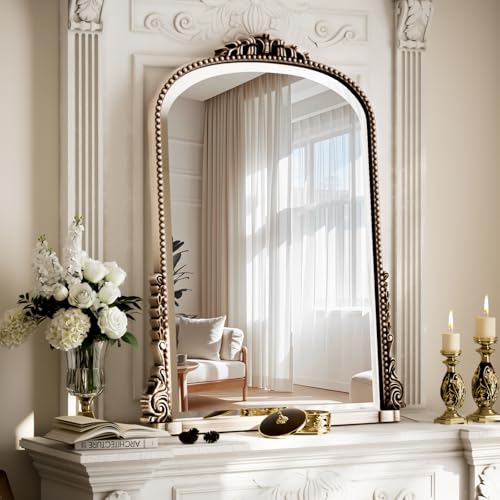 VETROVUE 24'&times;32' Silver Wide Arched Wall Mirror, Vintage Carving Bathroom Vanity Makeup Mirror, as...