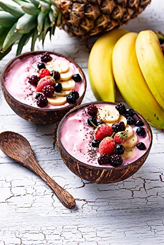 Packawin Schalen und Löffel aus Kokosnuss, 2-er Set, 100 % natürlich, handgefertigt, poliert, langlebig, leicht, einfach zu reinigen. - 2