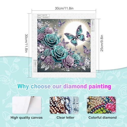 Image of Tontut Diamond Art Painting Kit, Blue and Purple Roses, Butterflies 5D DIY Localized Special Shape Diamond Art Painting Mosaic Crafts for Beginners.