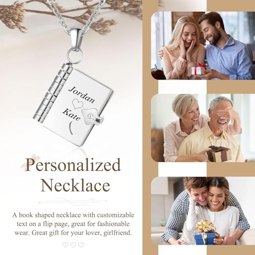 Image of Personalized Story Book Pendant Necklace, Stainless Steel Customizable Locket with Chain, Heart Charm Design, 18.5mm BookPendant, 45cm Chain Length, Gift for Women and Girls