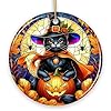 Enchanted cat witch stained glass style ceramic ornament halloween themed and decor black cat version  urban country home decor