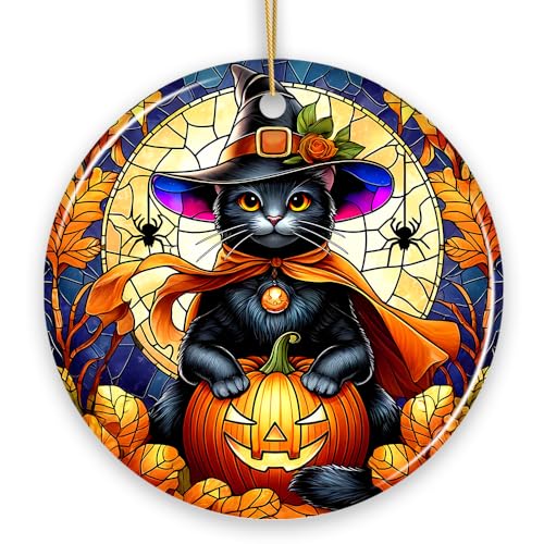 Enchanted Cat Witch Stained Glass Style Ceramic Ornament Halloween Themed and Decor Black Cat Version