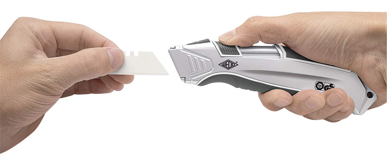 WEDO 79825, Cutter Safety alu Argent/Gris avec 1 Lame en Céramique Cera-Safeline Argent/Anthracite/Blanc