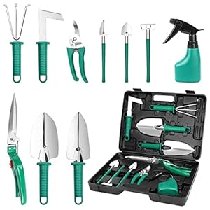 GIOVARA 10-delige tuingereedschapset met draagtas, inclusief transplanter, hark, snoeischaar, grasschaar, schop en watersproeifles, tuingeschenkset