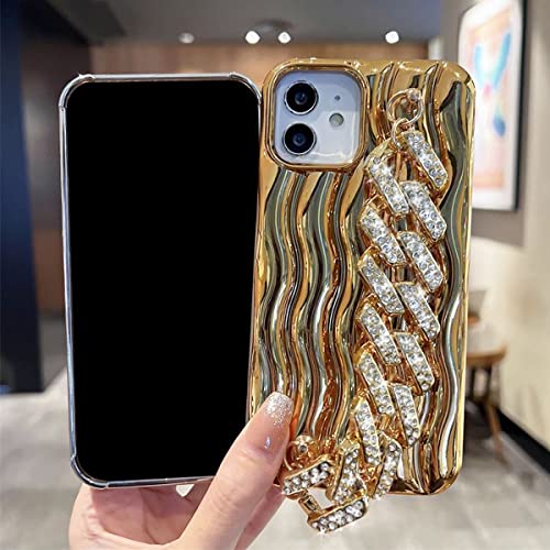 Changjia Water Ripple Pattern Case For Iphone 14 Pro Max With Diamond Wrist Strap, Cute Glitter Bling Sparkle Rhinestones Shockproof Soft Tpu Women Girls Phone Case For Iphone 14 Pro Max 6.7" (Gold) #TOP1