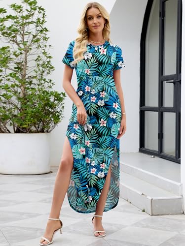 Image of Heymoments Womens Summer Maxi Dress Short Sleeve Casual Loose Long T Shirt Split Vacation Beach Sundress with Pockets