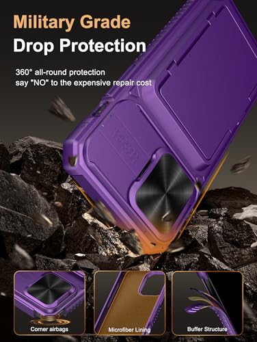 Image of Vihibii for iPhone 15 Pro Max Case with Card Holder (4 Cards) & Slide Camera Cover & Kickstand, Military Grade Drop Protection, Rugged Hard Back & Silicone Edge Wallet Back Cover, 6.7 inch, Dark Purple