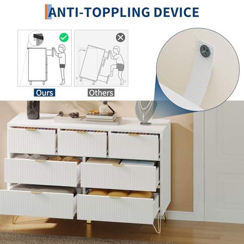 7 Drawer Dresser, 47.2" Wide Modern White Dresser for Bedroom, Wooden Chest of Drawer with Gold Metal Legs and Handles, Narrow Entryway Table Storage Organizer for Living Room, Hallway, Entryway