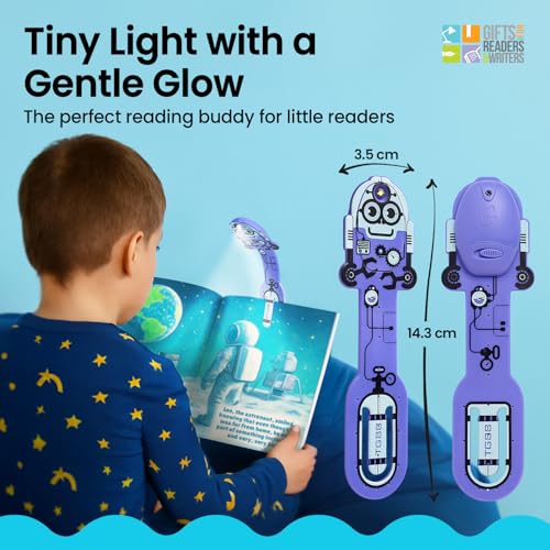 Image of Gifts for Readers & Writers Book Light for Kids, Clip On Reading Light for Bed, 2in1 Flexilight Pals & Bookmark, Small & Lightweight with a Soft Glow, 2 Batteries Included, Robot Purple