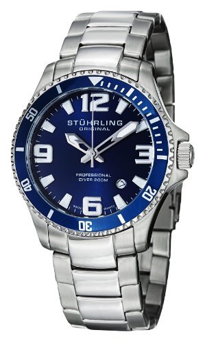 Stuhrling Original Men's 395.33U16 Aquadiver Regatta Champion Professional Diver Swiss Quartz Date Blue Bezel Watch
