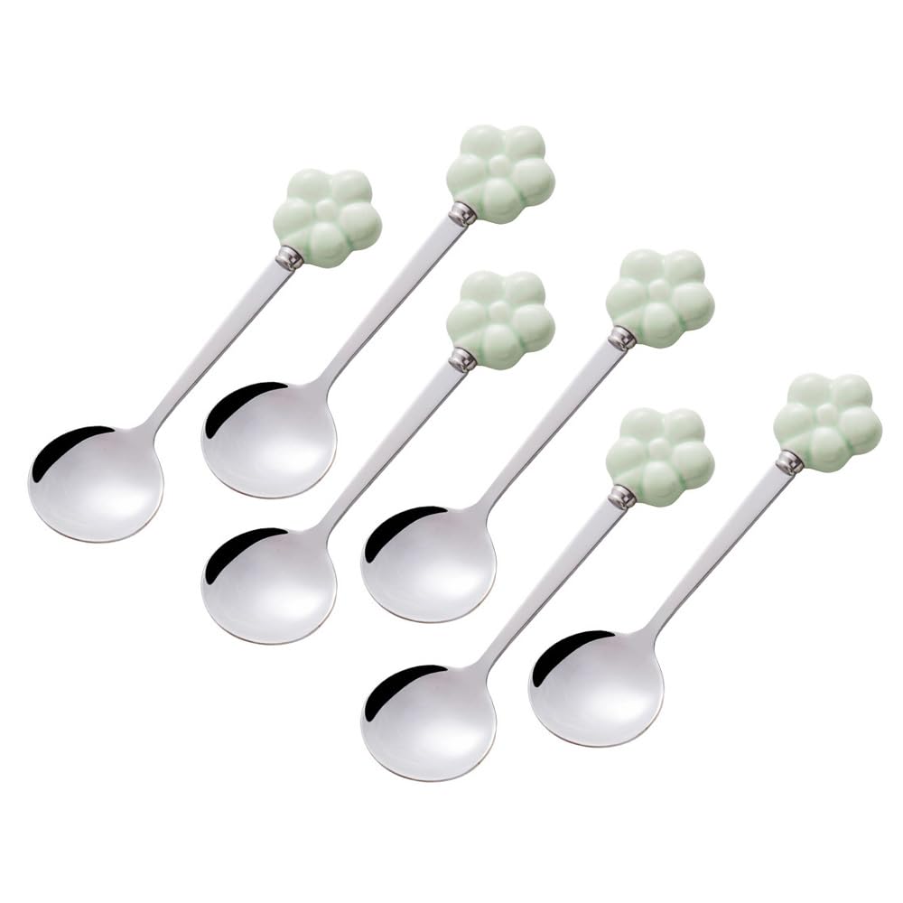 (6 Pieces) Ceramic Flower Stainless Steel Spoon Soup Spoon Dessert Coffee Tea Spoon Small Round Spoon Small Spoon (Green)