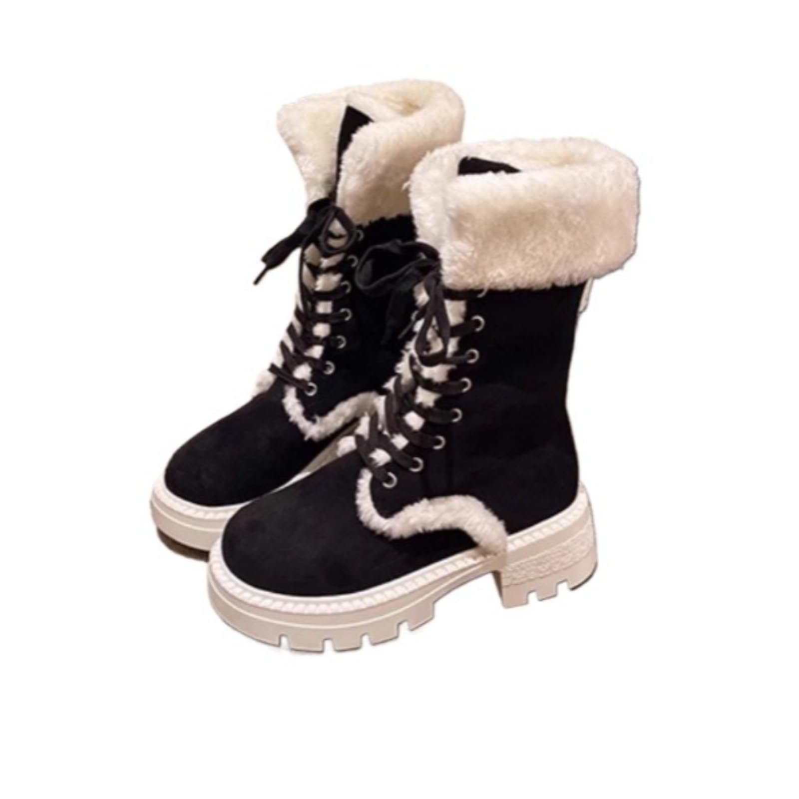 ZQW Thermal Insulated Boots for Women Plush Lined Chunky Bow Mid Calf Bootis Lightweight Comfort Block Heel Platform