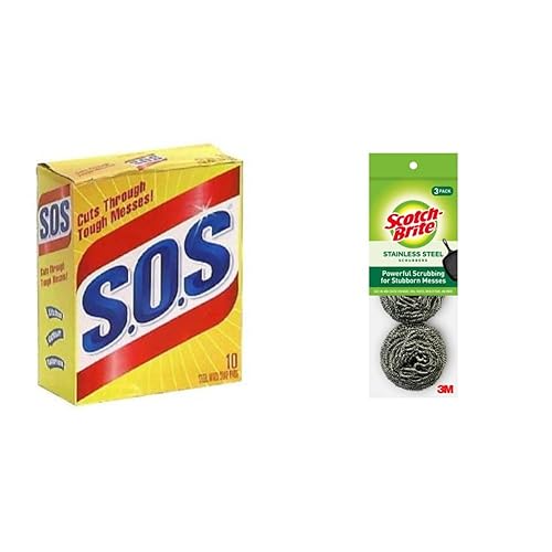 SOS 98014 Almohadilla de jabón de lana de acero 10 unidades y fregadores de acero inoxidable Scotch-Brite ideal para sartenes de hierro fundido