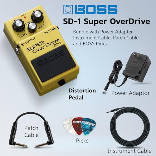 Image of Boss SD-1 Super OverDrive Pedal Bundle with Gearlux Power Supply, Instrument Cable, Patch Cable, and BOSS Picks