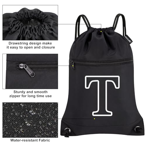 Image of HOLYLUCK Drawstring Bags Initial Backpack Sackpack Cinch Bags for Sports, Gym, Travel, Beach(Black-T)