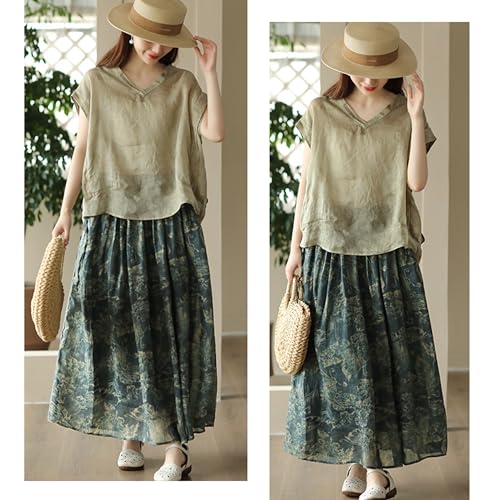 Giltpeak Women Floral Linen Maxi Skirt High Elastic Waist, Summer A-Line Cotton Flowy Long Skirt with Pocket4