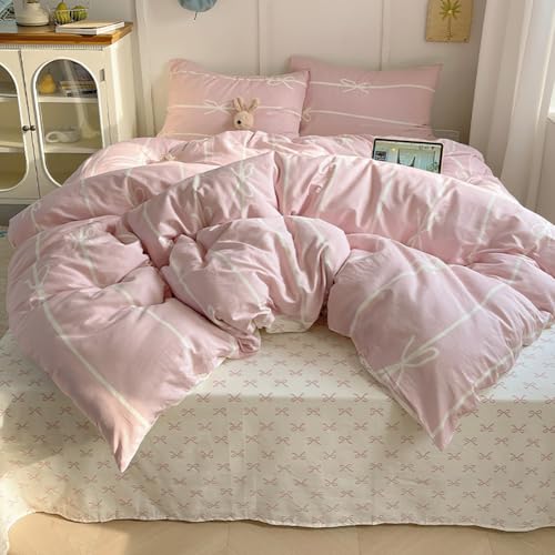 Image of Nayoroom Pink Bow Duvet Cover Queen Size Kids Girls Cute Coquette Bedding Set 3 Pcs Soft Microfiber Reversible White Striped Comforter Cover Gifts for Women