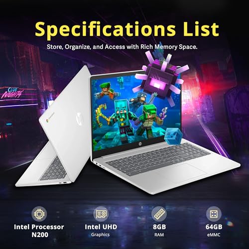 Image of HP 15.6 inch HD Anti-Glare Chromebook Laptop, Intel Pentium N200, 8GB LPDDR5, 64GB eMMC, Intel UHD Graphics, Num Pad, 720p Camera, Wi-Fi 6, Chrome OS, Silver (Renewed)