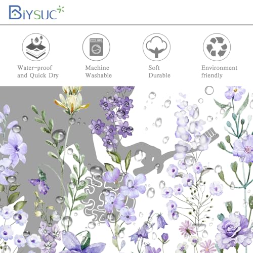 Image of Cat Dinosaur Shower Curtain Funny Cat Help Dino Bathe Behind Purple Wildflowers Blossom Trex Silhouette Shadow for Kids Bathroom Decor Waterproof Polyester Fabric 72Lx72W Inch with Hooks