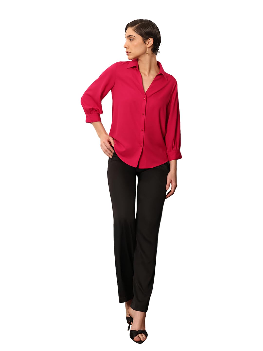 fablestreet Women Casual Shirt | Relaxed Fit V-Neck Collared Design with 3/4 Puff Sleeves & Curved Hem | Solid Pink Satin Fabric-picture-47