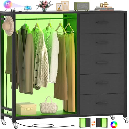 Image of Cyclysio Dresser with Hanging Rack, 5 Fabric Drawers Dresser with Clothes Rack, Wooden Top Storage Chest of Drawers with Charging Station & LED Lights, Lockable Wheels, Closet