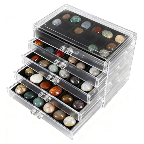 Vitrina de Roca, Vitrina de Piedras Preciosas Caja de Colección de Rocas Caja de Almacenamiento de Cristal Cajas de Almacenamiento de Joyas de Acrílico con Bandejas de Terciopelo (5 Niveles)