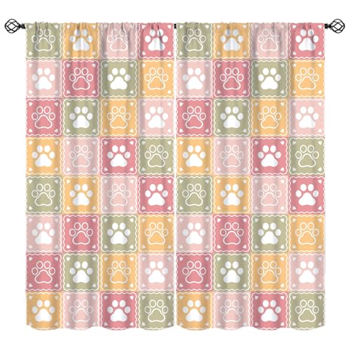 Tracks Paw Blackout Curtains, Cartoon Animal Colorful Checkered Footprints Background Window Treatments, Retro Rod Pocket Thermal Insulation Drapes for Bedroom Living Room, 72