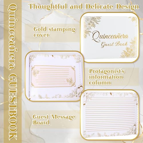 Image of MotiMind Quinceanera Guest Book with Pen 11 x 8 Inch Libro De Firmas Para 15 Anos Quinceanera Leather Hardcover Signature Book Guest Sign in for 15th Party Favors Decoration (White Gold,Floral)