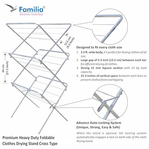 Image of Familia Heavy Duty Steel Premium 3 Tier-18 Rods (60 Feet Drying Length) Clothes Drying Stand Steel for Balcony Cloth Drying Stand Foldable Clothes Stand for Drying Cloth Dryer Stand