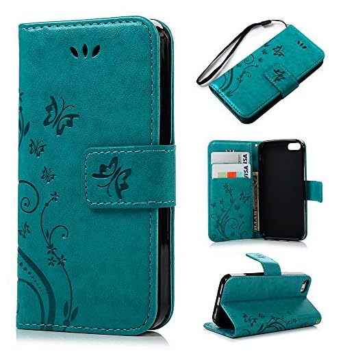 iPhone SE 5S 5 Case - MOLLYCOOCLE Natural Luxury Blue Stand Wallet Purse Credit Card ID Holders Magnetic Design Flip Folio TPU Soft Bumper PU Leather Ultra Slim Fit Cover for iPhone SE, 5S, 5