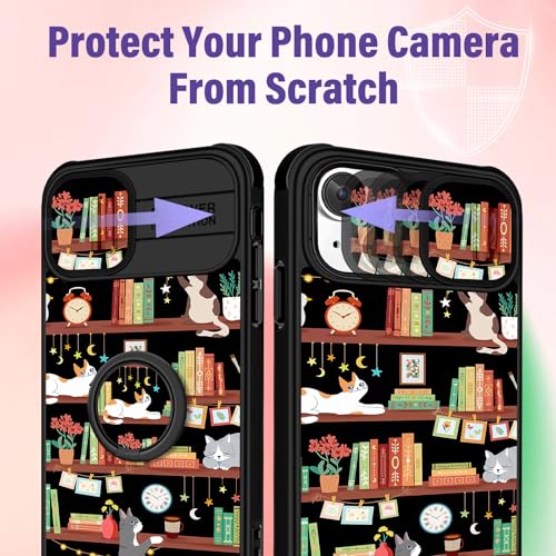 Image of Funermei for iPhone 14 /for iPhone 15 Plus Case - Women Girls Cute Phone Cover Girly Pretty Aesthetic Cat and Books Unique Design with Camera Cover Funda for Apple for iPhone 14 /for iPhone 15 Plus