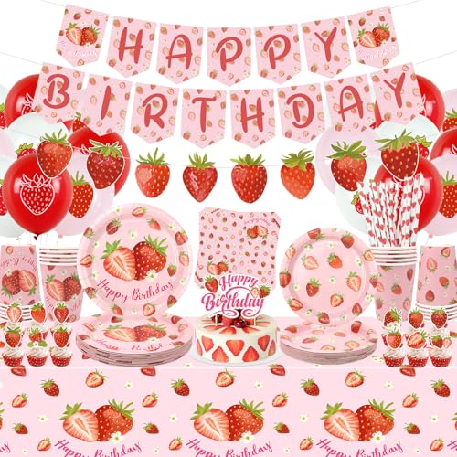 Obussgar Decorazioni per feste di compleanno a forma di fragola, accessori per feste con fragole, tra cui striscione, piatto, topper per torte, bicchieri, tovaglioli, palloncini, tovaglia, decorazione