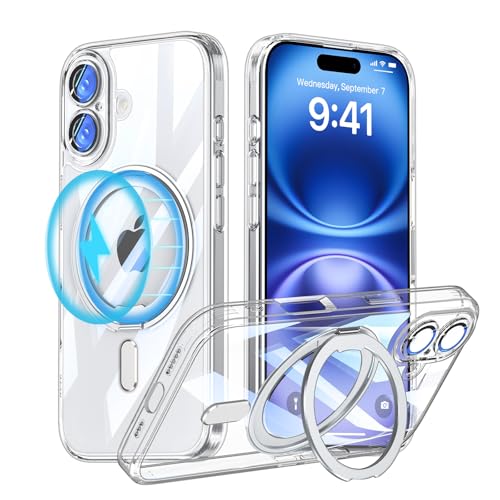 iPhone 16 用 MagSafe対応 ケース 360°回転しスタンド+リング付き アイフォン16 携帯ケース 一体型カメラレンズ保護 電気メッキバンパー OURJOY スマホケース 軽量 耐衝撃 クリア ストラップホール付き ワイアレス充電対応・クリア