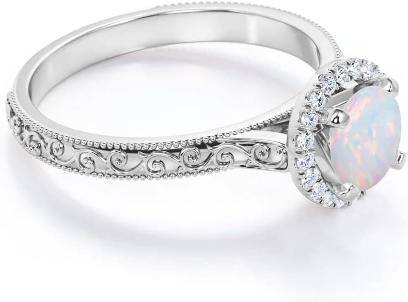 Round Cut 1.25-1.5 Carat (ctw) Opal Rings for Women 10K 14K 18K Gold Moissanite Engagement Ring October Birthstone Rings for Her