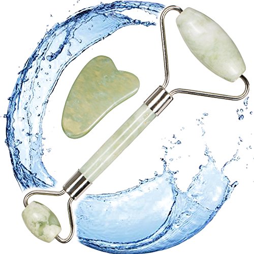 IRIYA Anti Aging Jade Face Roller Gua Sha Set Facial Massager Therapy for Double Neck Slimming Massage in Original Chi Stone for Women