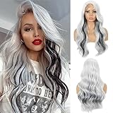 Daiaces Long Black and White Wavy Wig for Women Lace Front Wig Natural Wave Synthetic Wig for Cosplay Party Use