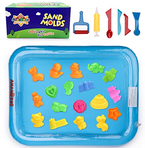 AnanBros 25 Pieces Beach Sand Toys Set, Sand Molds and Tools Kit Plus Sand Tray Mat, Magic Molding Toys Sandbox Toys for Kids, Toddlers - Compatible with Play Sand and Molding Sand