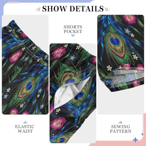 Peacock Feather Floral Boys Long Pants Soft Trousers Elastic Waist Kids Lounge Bottoms with Pockets S-XL4