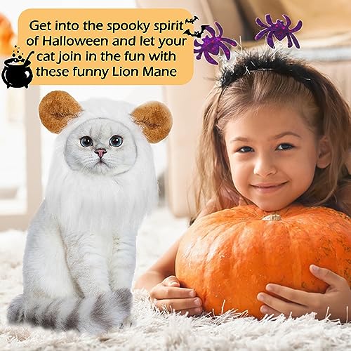 Image of Cat Halloween Costumes - Lion Mane Wigs for Cat Costumes, Adjustable Comfortable Funny Pet Kitten Cats Dress Up Clothing Accessories for Halloween Christmas Festival Party, White